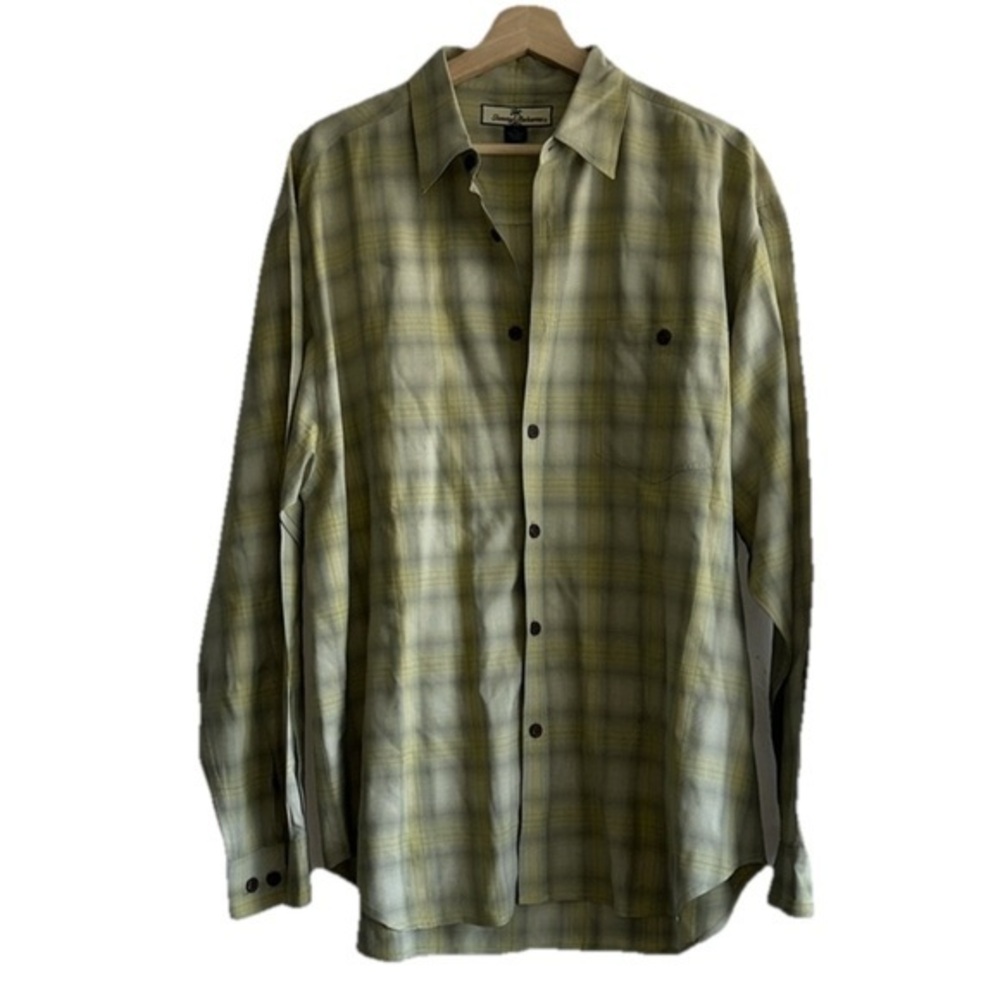 Tommy Bahama Plaid Green Men's 100% Silk Long Sleeve Button Down Shirt Sz. L